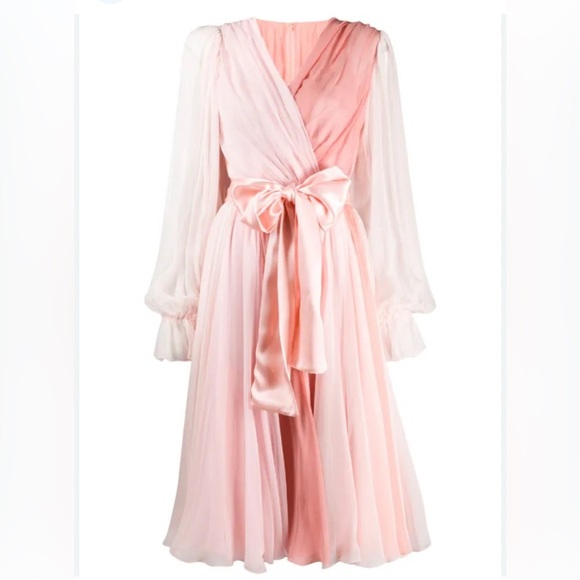 Dolce & Gabbana Two-tone Pleated Wrap Dress Pink Bow Midi Cocktail Puff Sleeve 6 - Picture 4 of 12